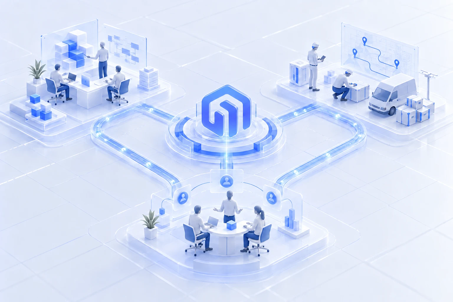 Product engineering, on-site implementation, and customer success teams collaborate through the Youma platform