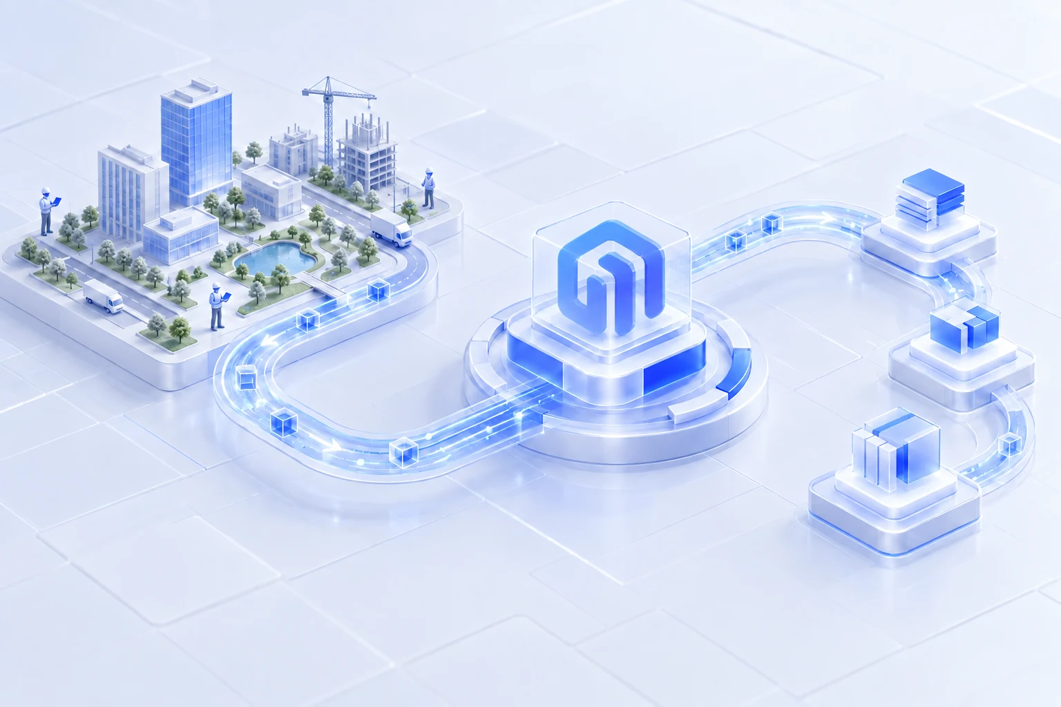 The business experience in the city project flows back to the Youma product hub along the data path and forms a reusable new version module