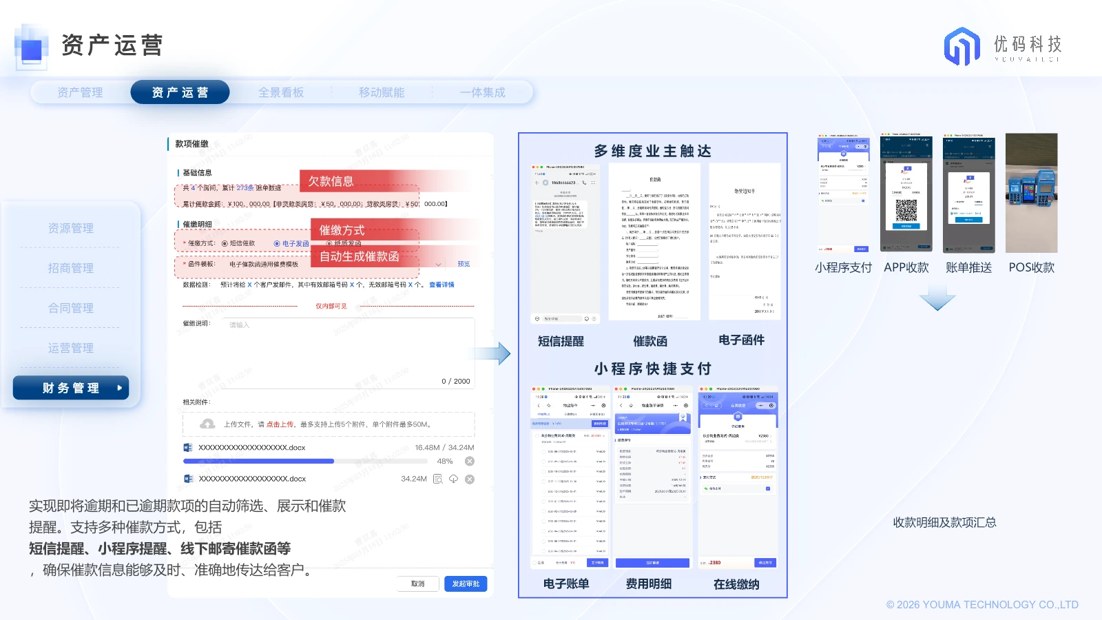 欠款催缴、多渠道收款与租户在线缴费产品界面