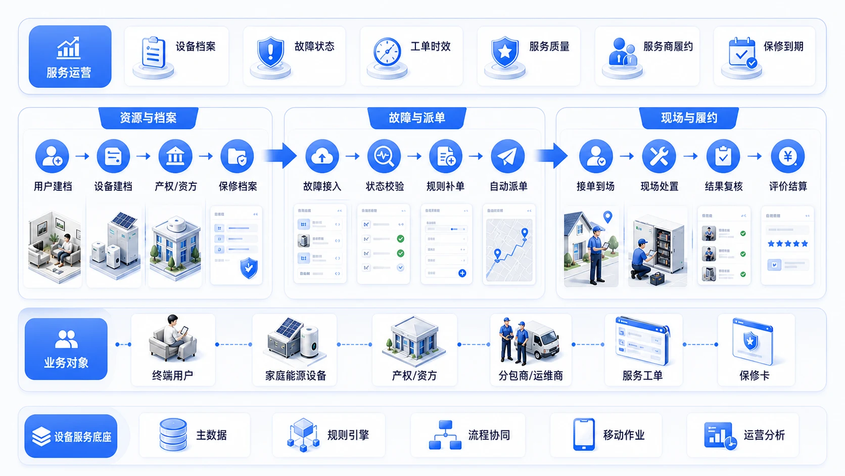 家庭能源设备售后运维架构，展示服务运营、资源与档案、故障与派单、现场与履约、业务对象及设备服务底座