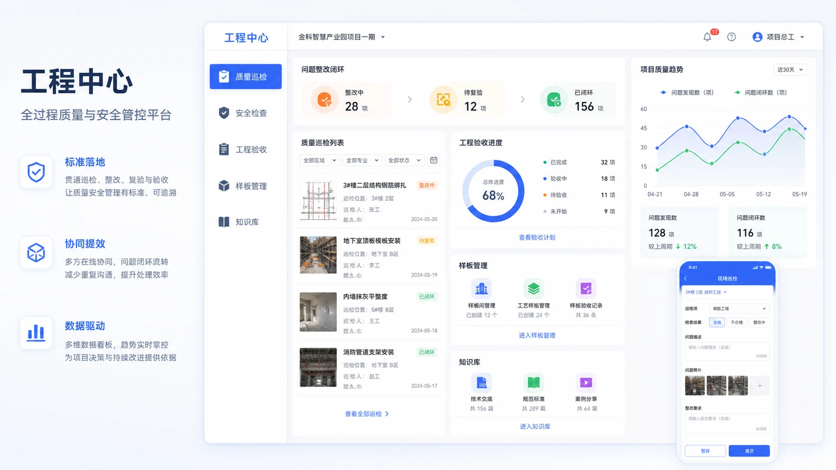 工程现场工作台展示质量安全巡检、问题整改、工程验收与分析