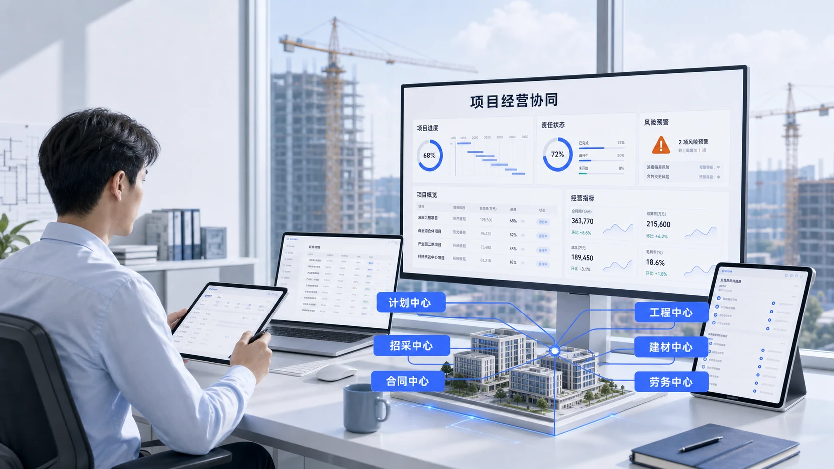 项目经营协同驾驶舱展示计划、招采、合同、工程、建材和劳务六大专业中心的业务进展与风险