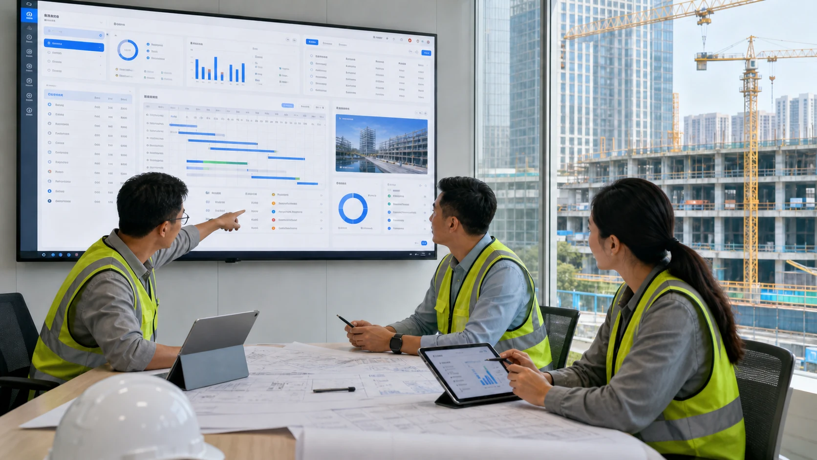 Project teams coordinate plans, contracts, cost and construction execution through site and operating dashboards