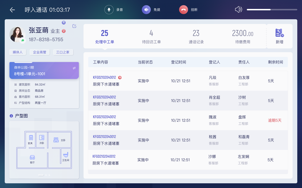 Youma Service intelligent desk phone call pop-up screen and work order software interface